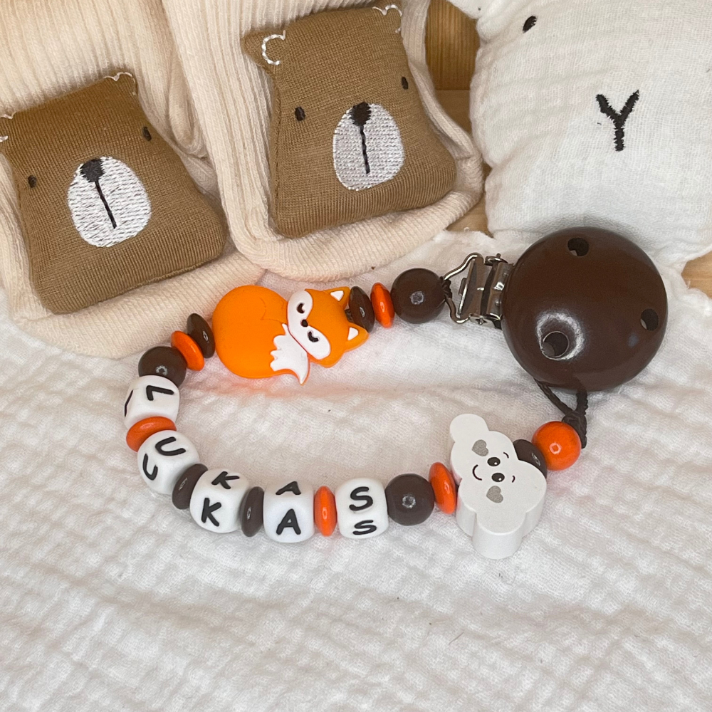 Schnullerkette mit Namen für Jungen Wolke braun orange