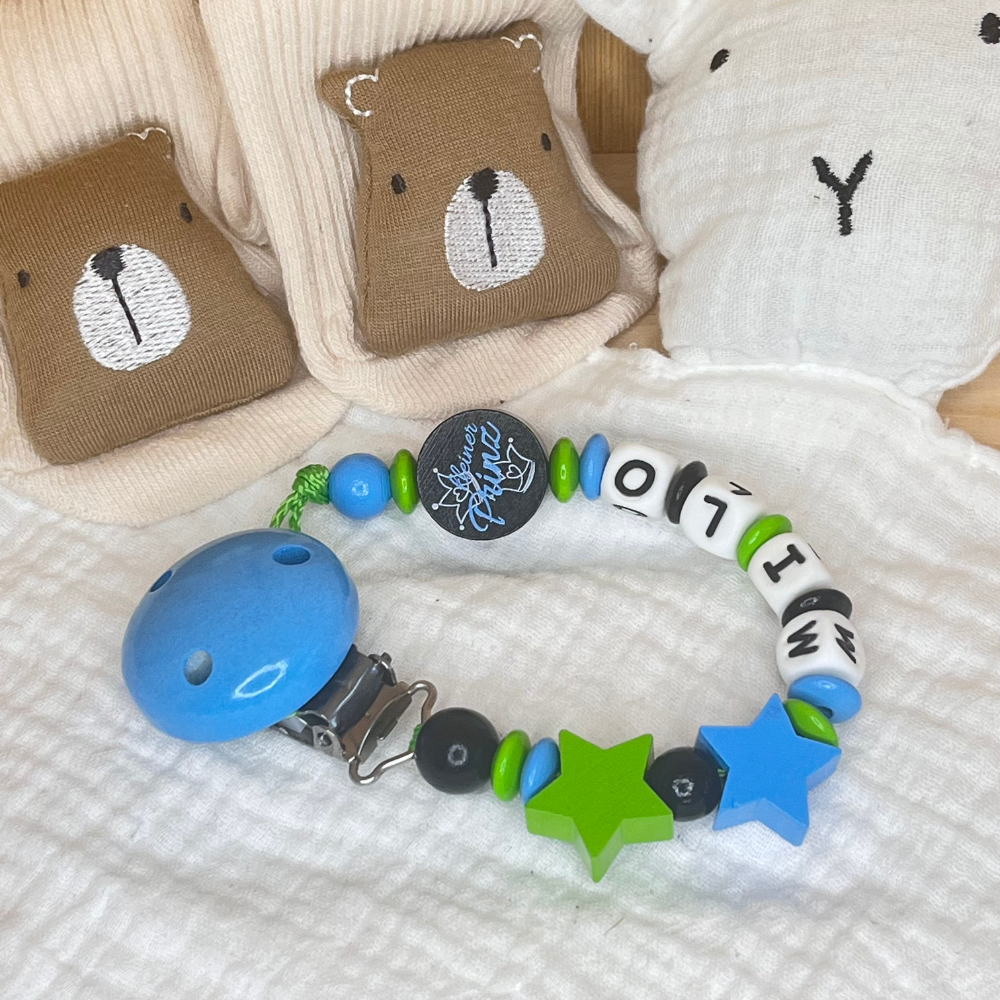 Schnullerkette mit Namen für Jungen Kleiner Prinz skyblau grün schwarz
