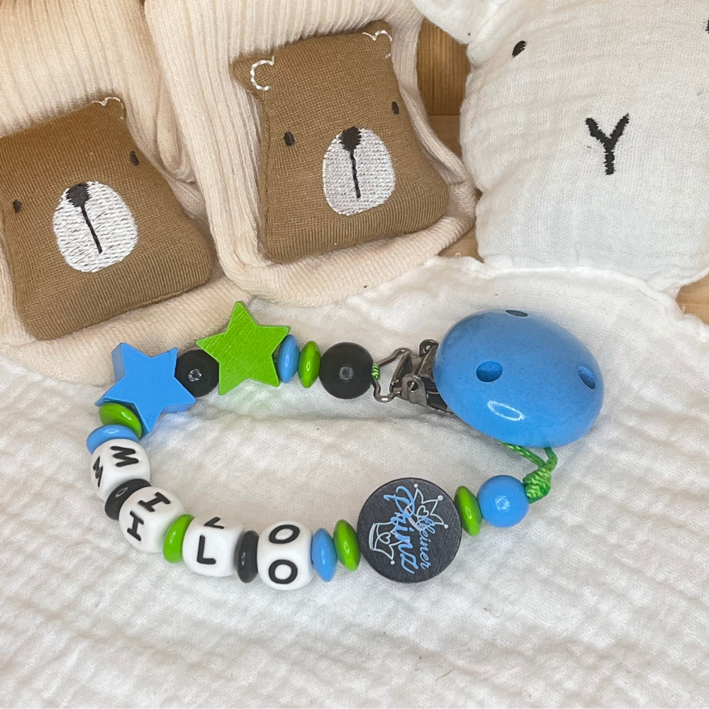 Schnullerkette mit Namen für Jungen Kleiner Prinz skyblau grün schwarz