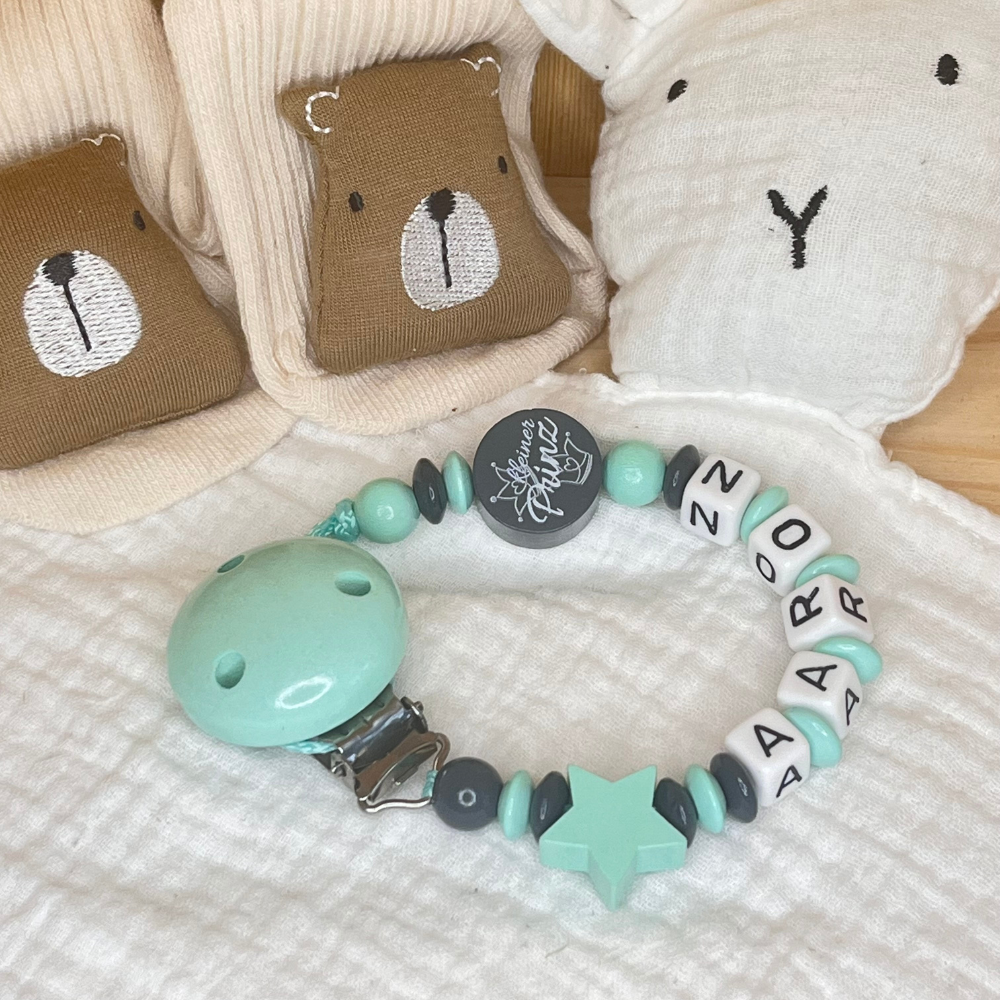 Schnullerkette mit Namen für Jungen Kleiner Prinz grau mint