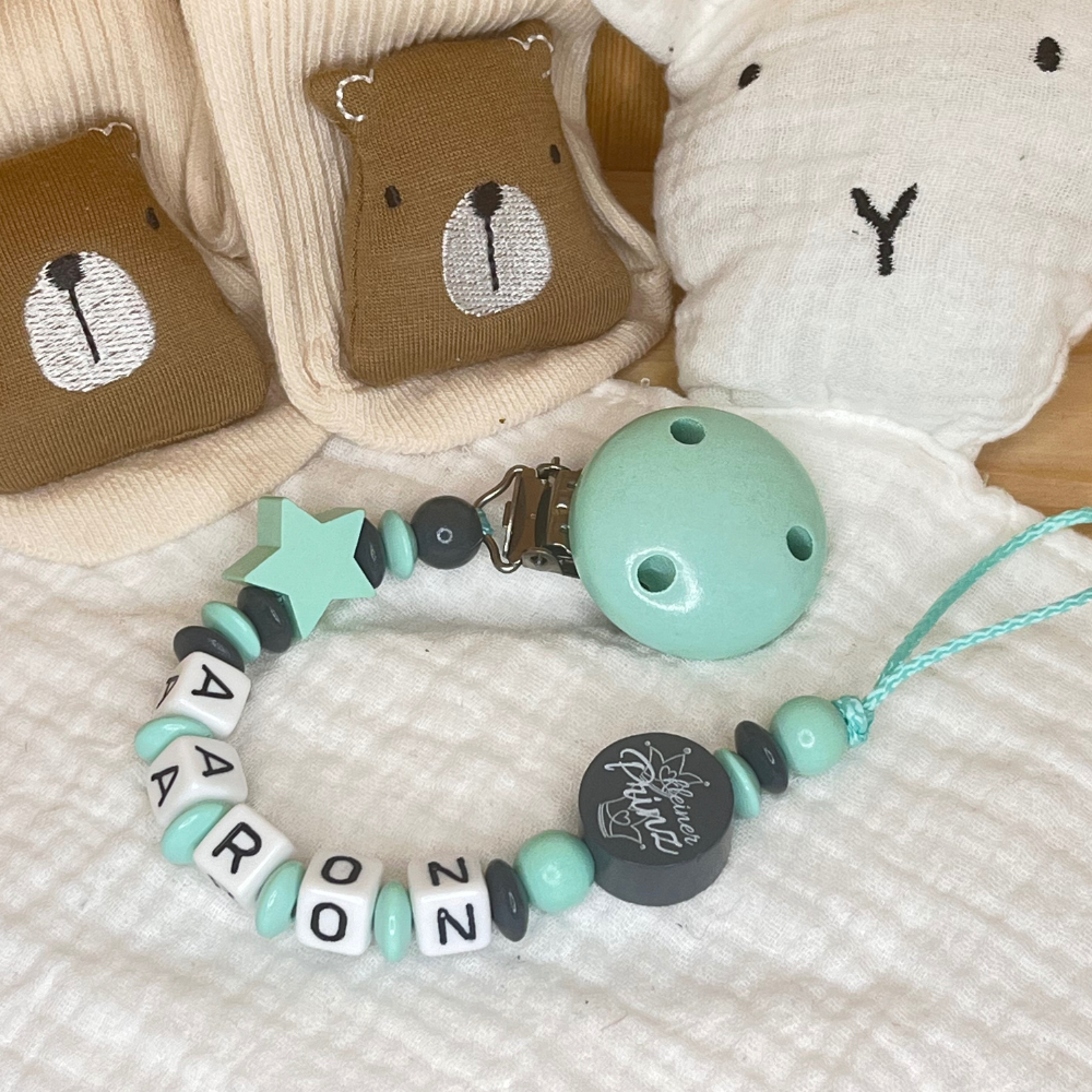 Schnullerkette mit Namen für Jungen Kleiner Prinz grau mint