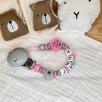 Schnullerkette mit Namen für Mädchen Kleine Schwester babyrosa hellgrau