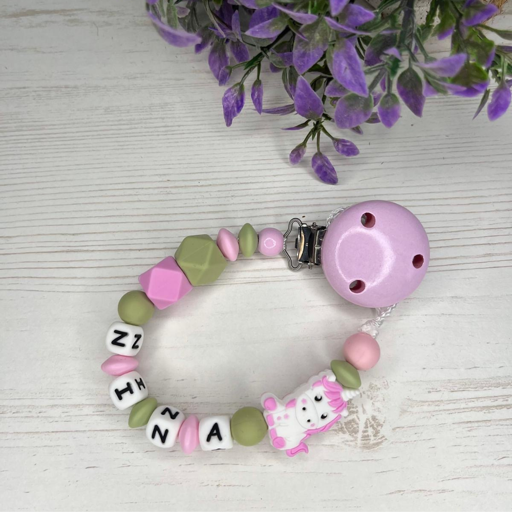 Schnullerkette mit Namen - Einhorn, Geschenk zur Geburt, Taufe oder Babyparty
