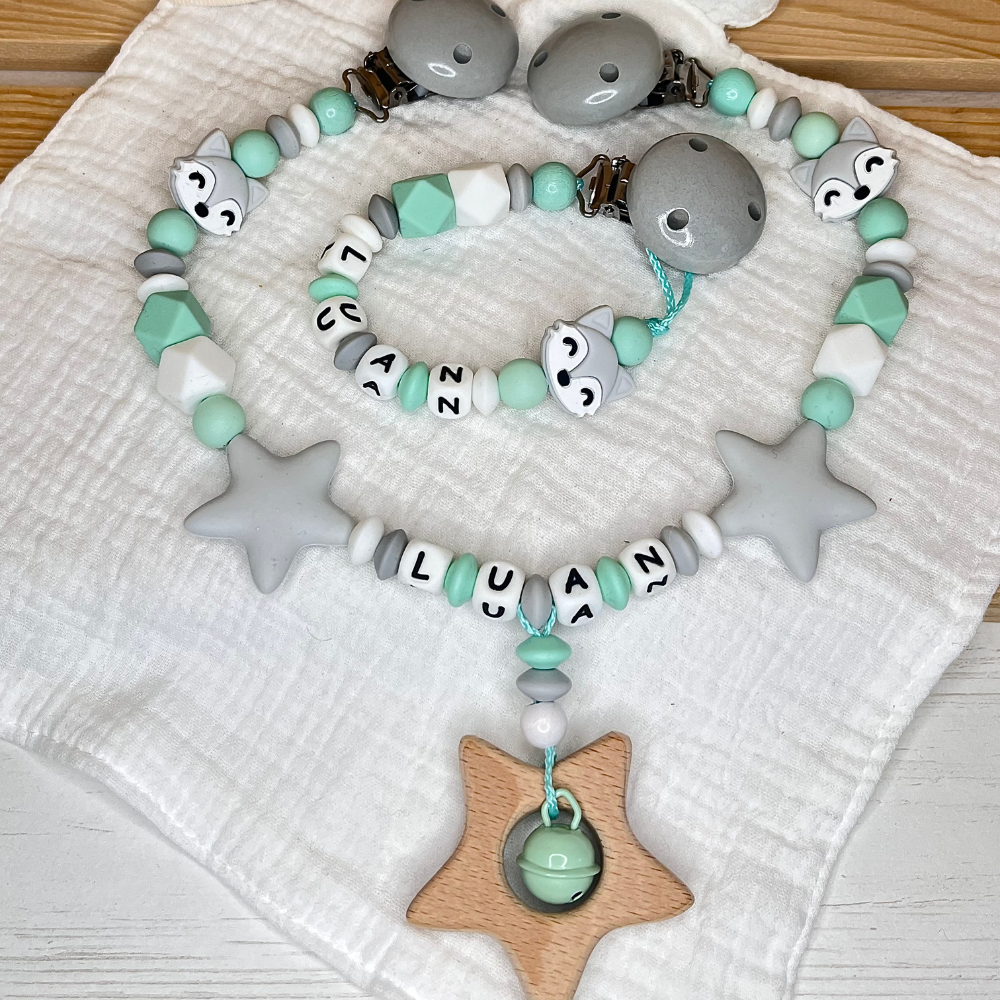 Schnullerkette & Kinderwagenkette mit Namen - Fuchs - Junge