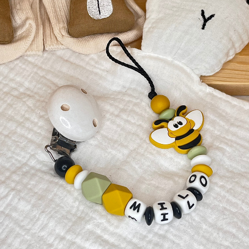Schnullerkette mit Namen – Biene- Baby - Geschenk zur Geburt