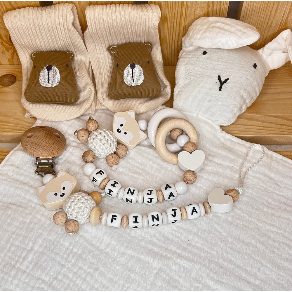 Baby Geschenk Mädchen – Schnullerkette & Greifling Fuchs Set