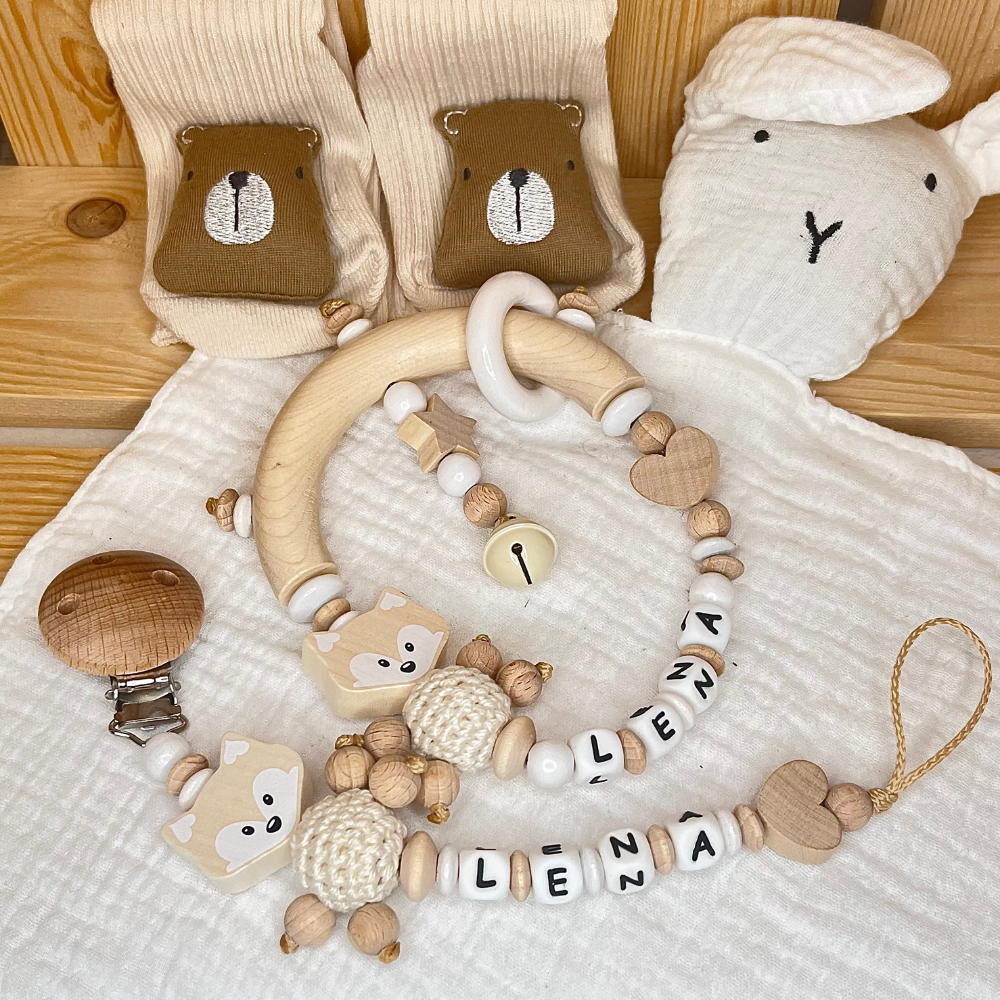 Baby Geschenk Mädchen – Schnullerkette & Greifling Fuchs Set