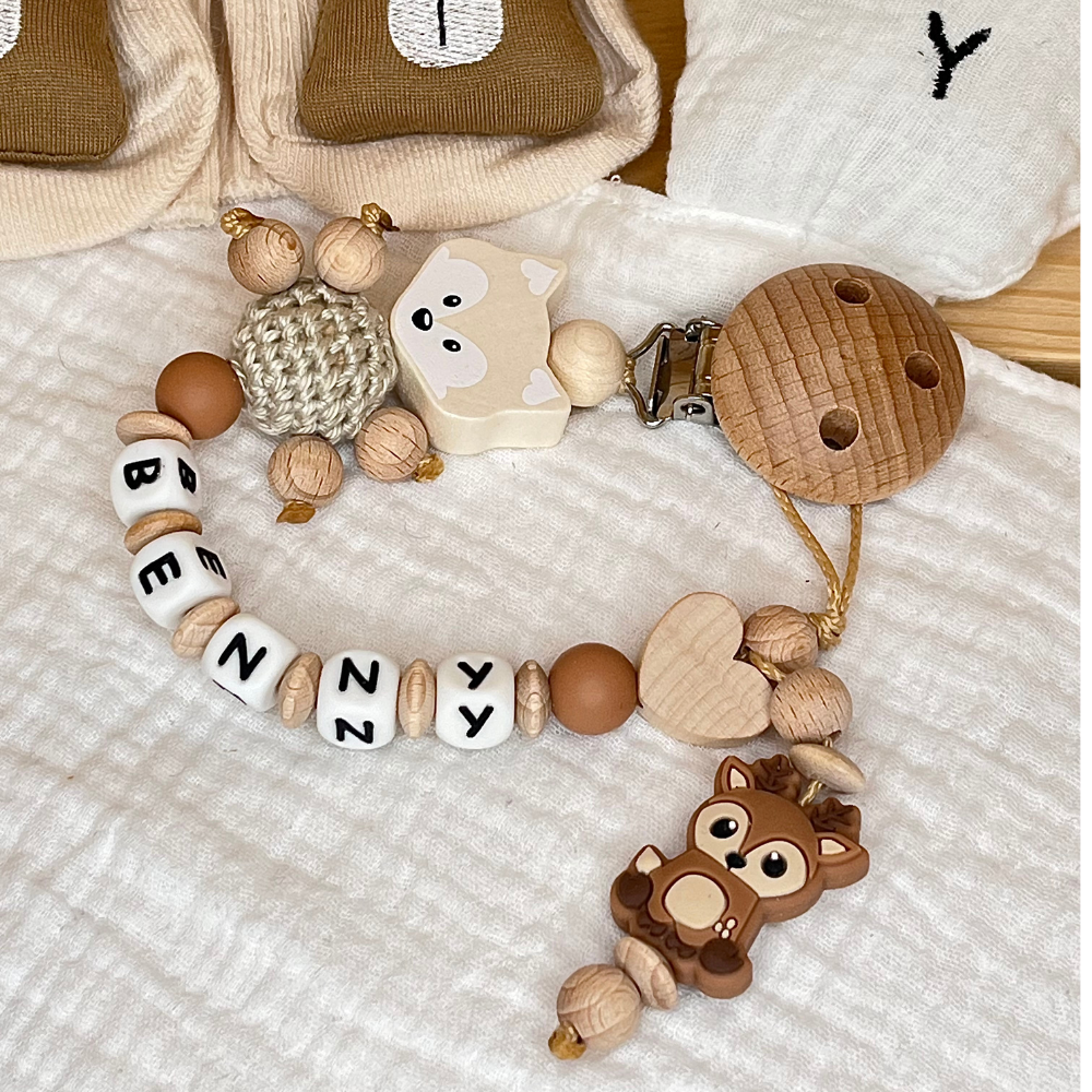 Schnullerkette mit Namen – Fuchs & Reh – Personalisierbar für Baby