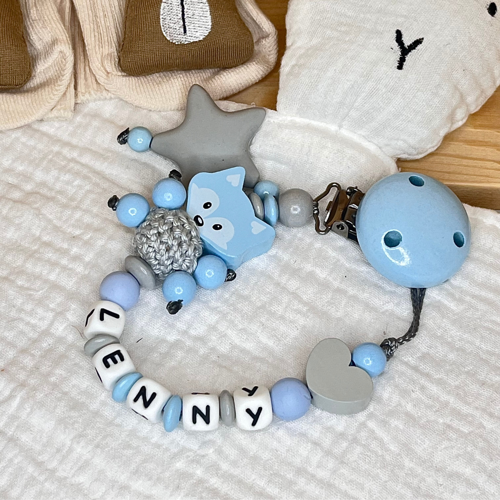 Schnullerkette mit Namen – Fuchs  – Personalisierbar für Baby - Geschenk