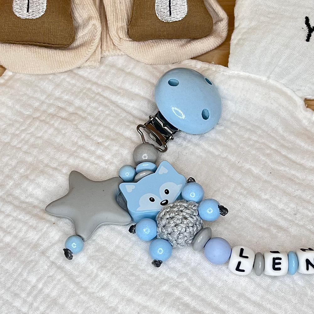 Schnullerkette mit Namen – Fuchs  – Personalisierbar für Baby - Geschenk