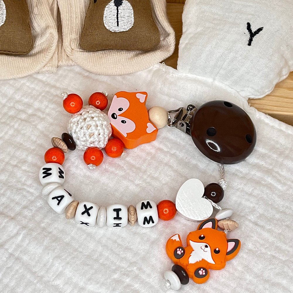 Schnullerkette mit Namen – Fuchs  – Personalisierbar für Baby - Geschenk