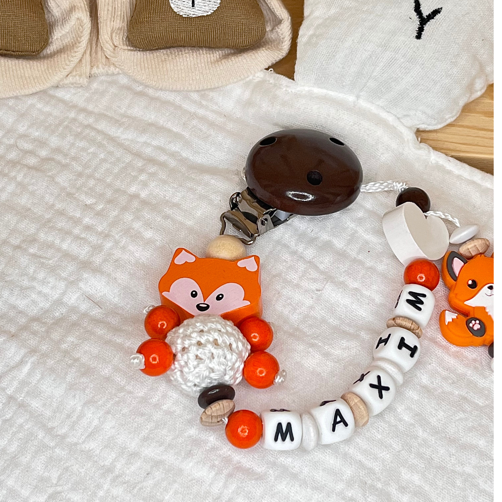 Schnullerkette mit Namen – Fuchs  – Personalisierbar für Baby - Geschenk