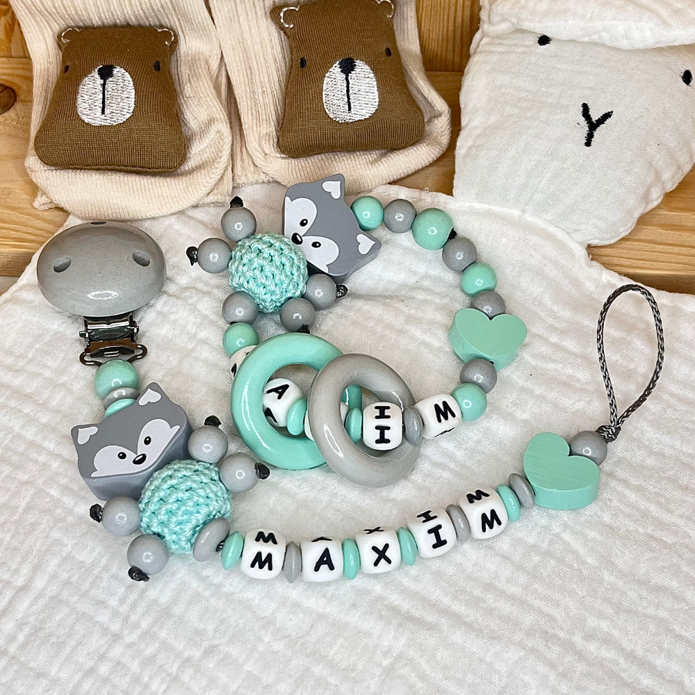 Schnullerkette mit Namen – Fuchs  – Personalisierbar für Baby - Geschenk