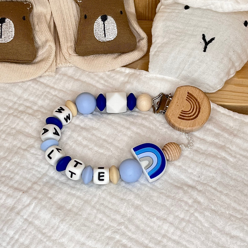Schnullerkette mit Namen – Regenbogen - Personalisierbar für Baby