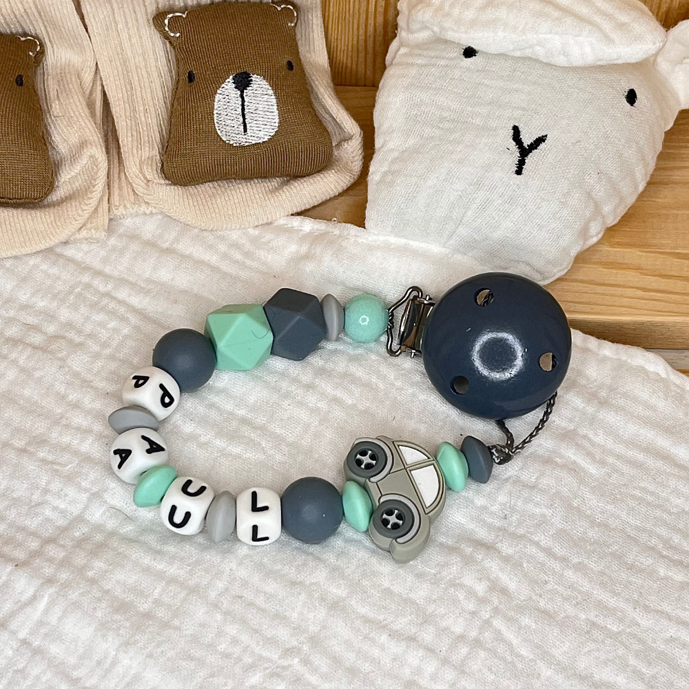 Schnullerkette mit Namen – Auto - Junge - Personalisierbar für Baby