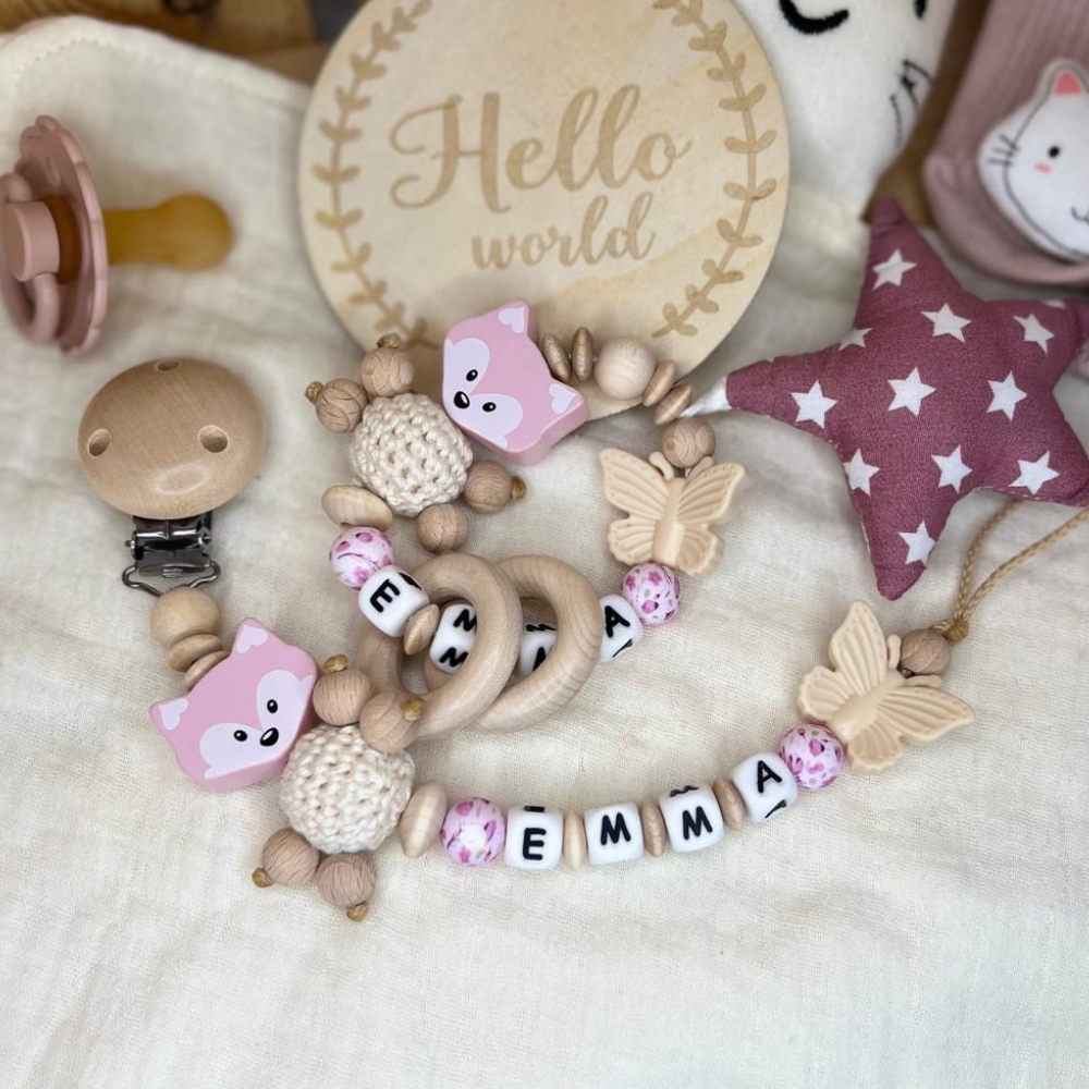2er Set Schnullerkette & Greifring personalisiert Mädchen Natur und Rosatöne