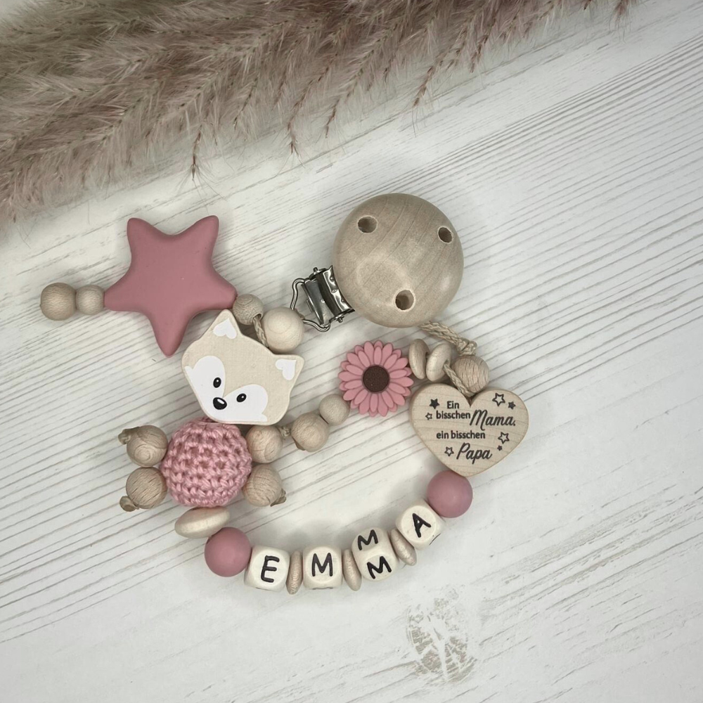 Schnullerkette mit Name – Fuchs Mädchen | Liebevoll handgefertigt & personalisiert