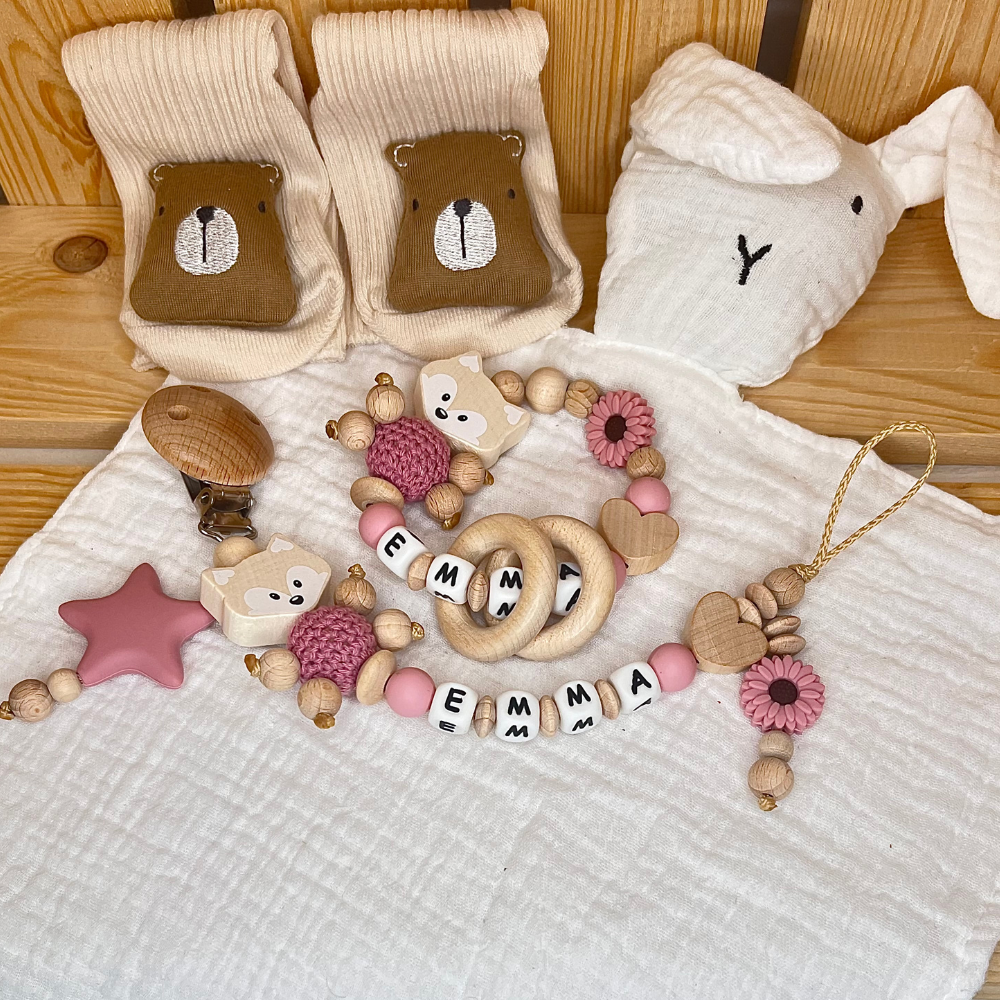 Motorik-Greifring mit Namen - personalisiert –Fuchs – Mädchen - Babygeschenk