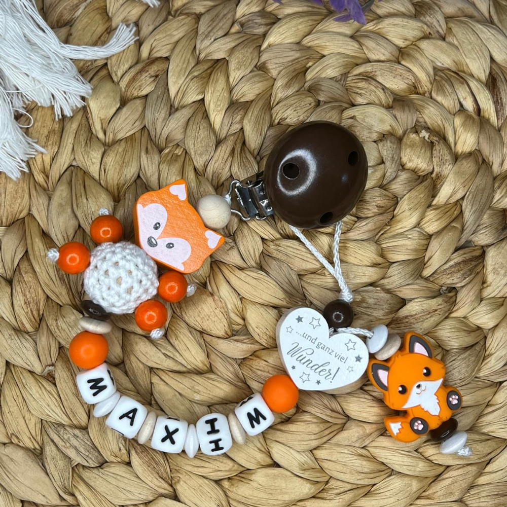 Schnullerkette/Nuckelkette personalisiert - Fuchs Herz mit Spruch - Geschenk zur Geburt Taufe Babyparty