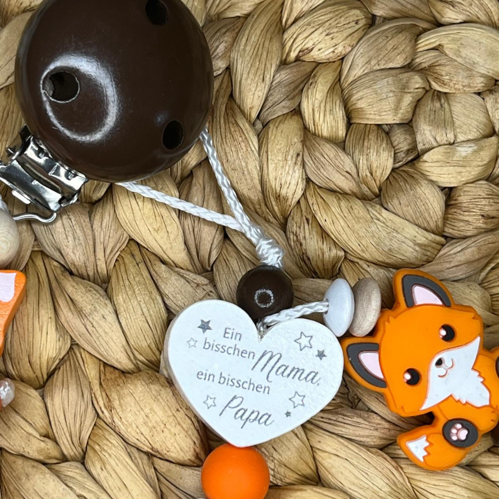 Schnullerkette/Nuckelkette personalisiert - Fuchs Herz mit Spruch - Geschenk zur Geburt Taufe Babyparty
