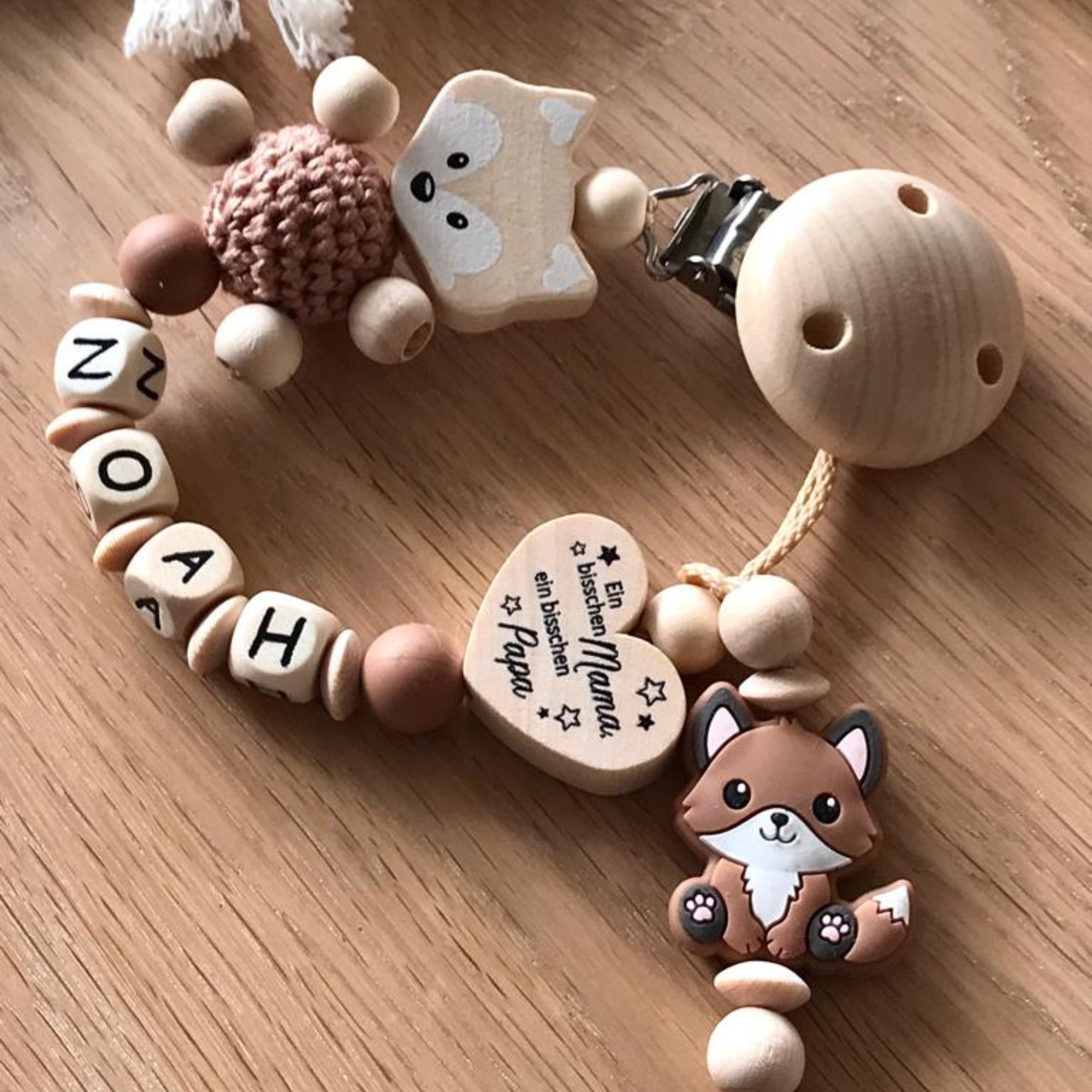 Schnullerkette mit Namen personalisiert - Fuchs - Mama & Papa viel Wunder - Geschenk zur Geburt