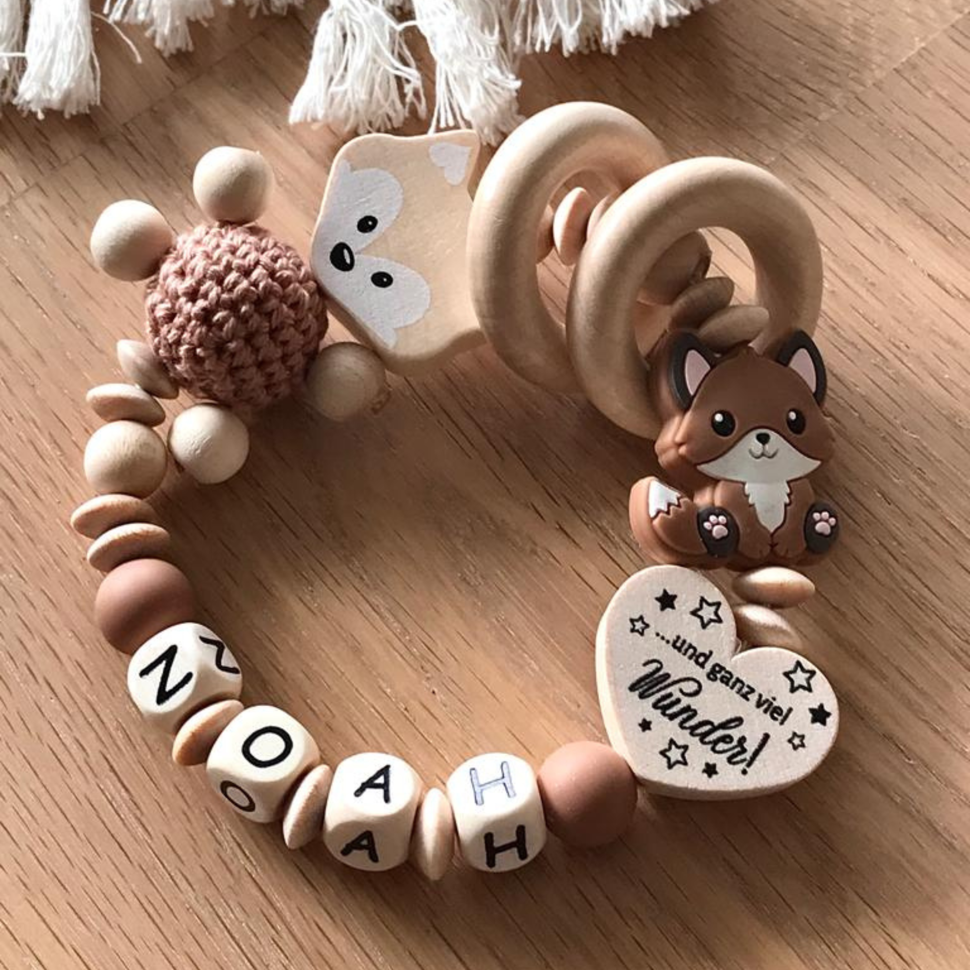 Schnullerkette mit Namen personalisiert - Fuchs - Mama & Papa viel Wunder - Geschenk zur Geburt