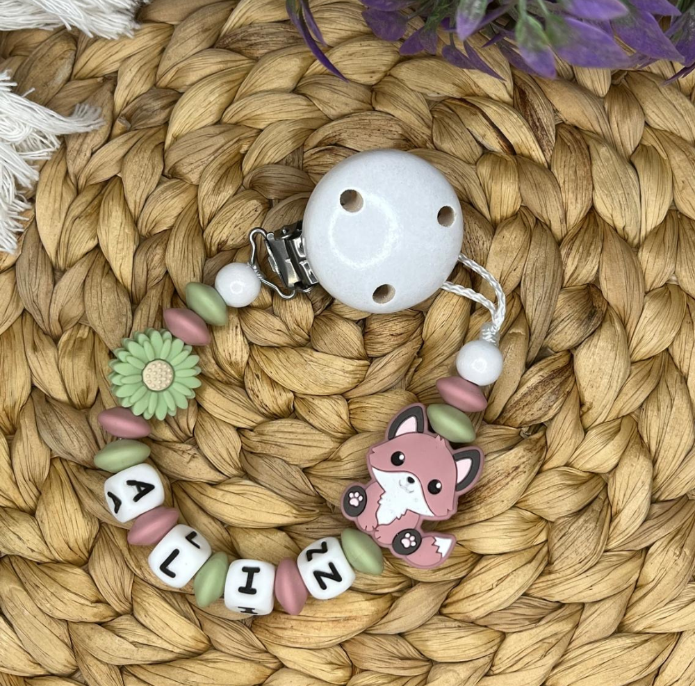 Schnullerkette für Mädchen mit Namen - Fuchs Motiv - blush grün weiß