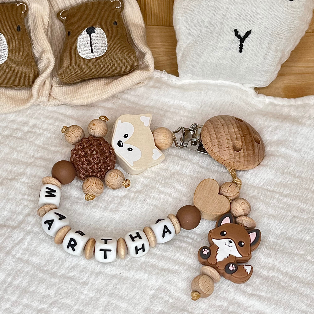 Personalisierte Schnullerkette mit Namen – Fuchs – für Mädchen & Jungen