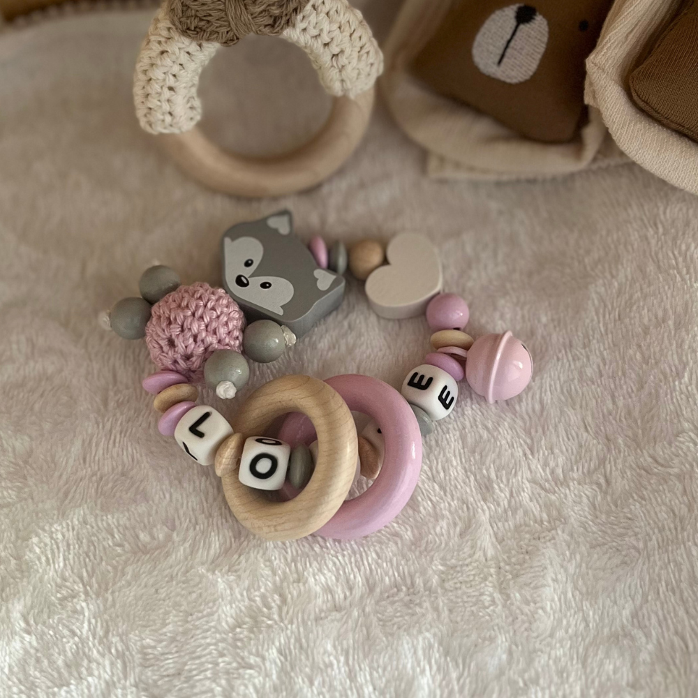3.tlg Set Schnullerkette Greifling & Kinderwagenkette mit Namen Fuchs