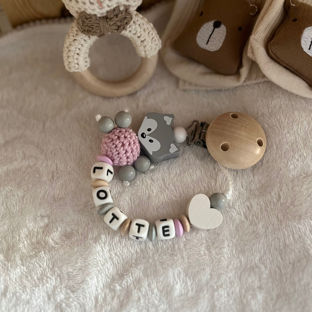 3.tlg Set Schnullerkette Greifling & Kinderwagenkette mit Namen Fuchs