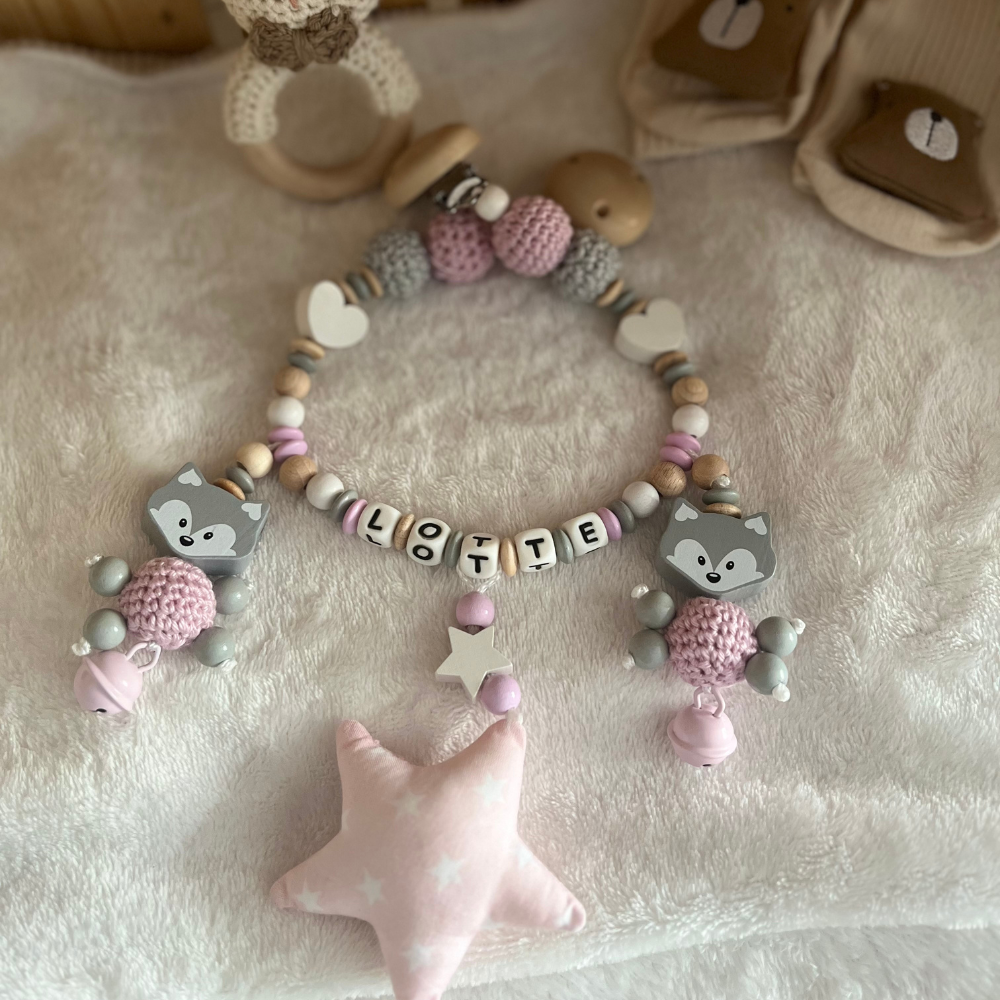 3.tlg Set Schnullerkette Greifling & Kinderwagenkette mit Namen Fuchs