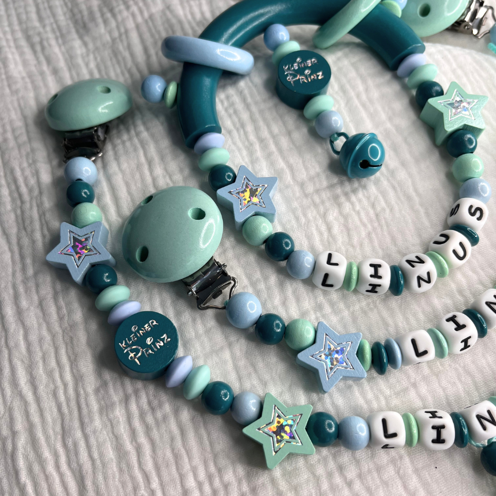 3er Set – Personalisierte Schnullerkette, Greifling & Kinderwagenkette - Kleiner Prinz