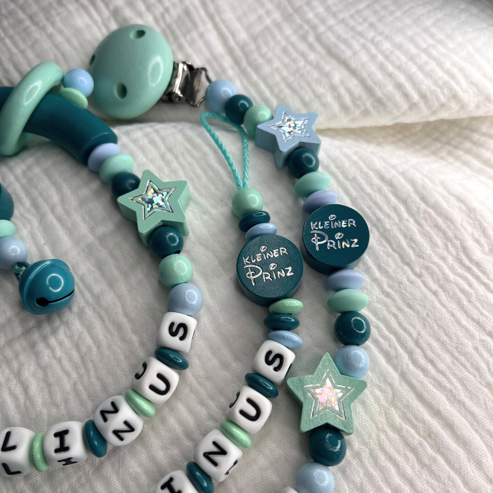 3er Set – Personalisierte Schnullerkette, Greifling & Kinderwagenkette - Kleiner Prinz