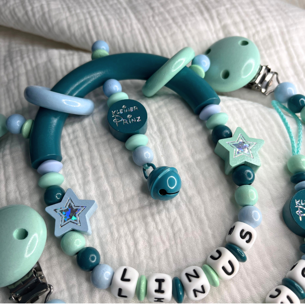 3er Set – Personalisierte Schnullerkette, Greifling & Kinderwagenkette - Kleiner Prinz