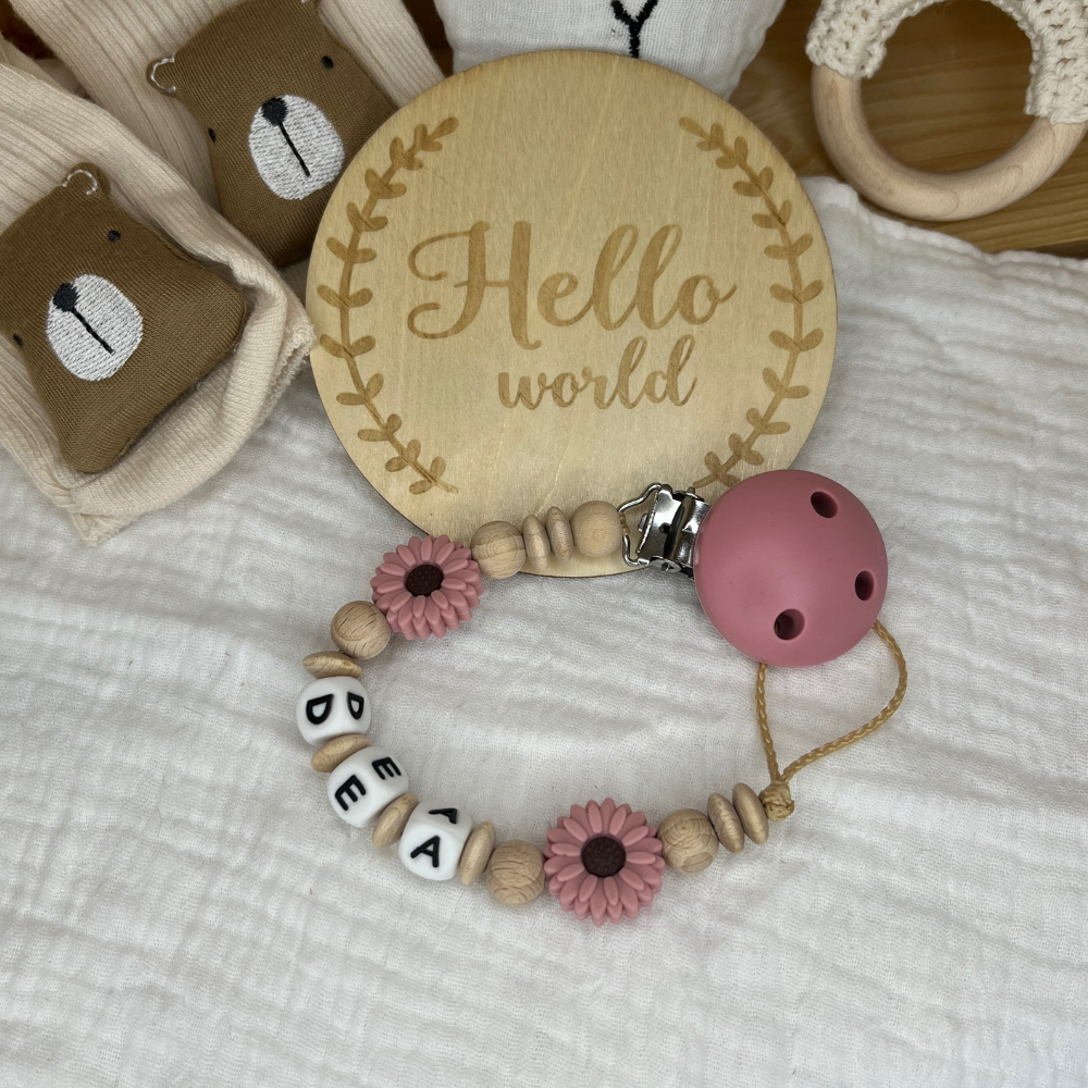 Schnullerkette mit Namen für Mädchen Sonnenblume Blush & Naturtöne