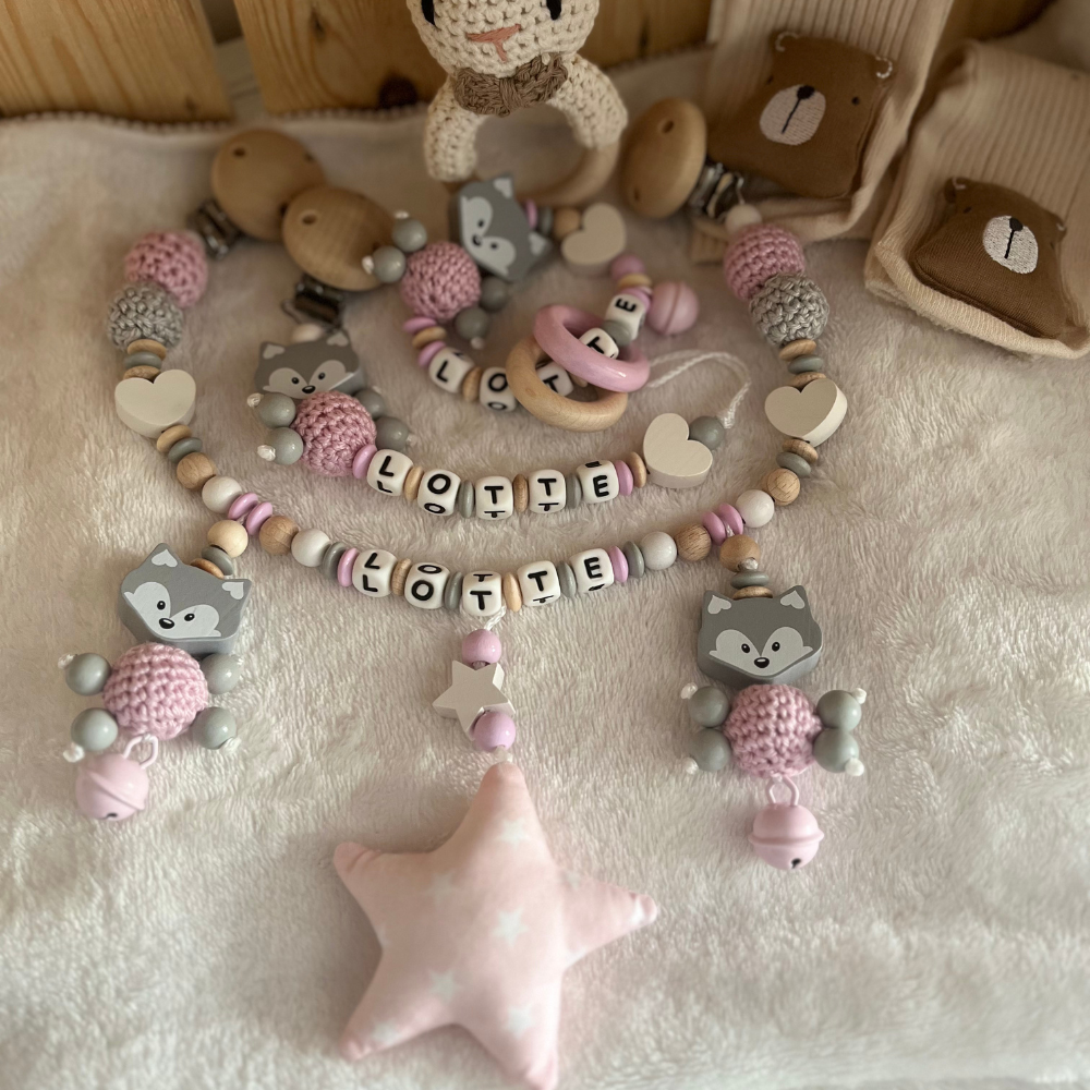 3.tlg Set Schnullerkette Greifling & Kinderwagenkette mit Namen Fuchs