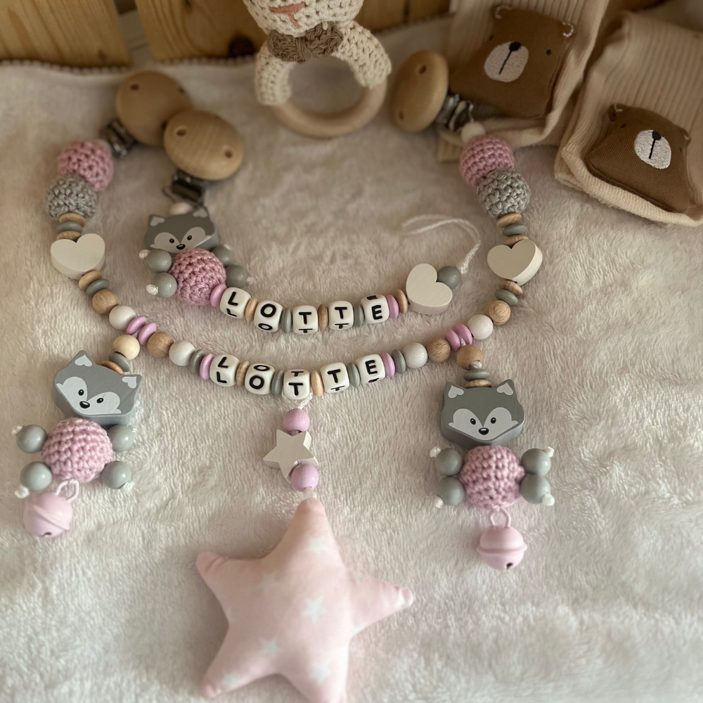 3.tlg Set Schnullerkette Greifling & Kinderwagenkette mit Namen Fuchs