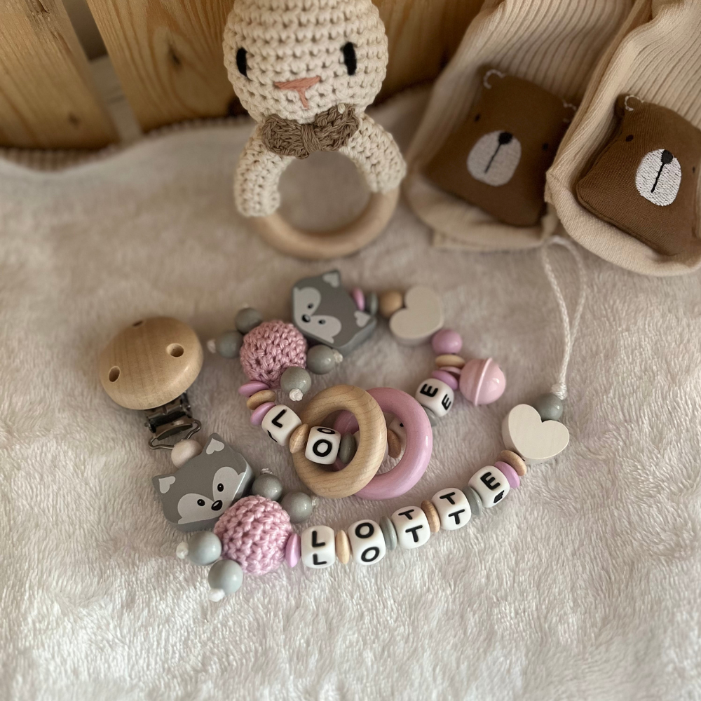 3.tlg Set Schnullerkette Greifling & Kinderwagenkette mit Namen Fuchs