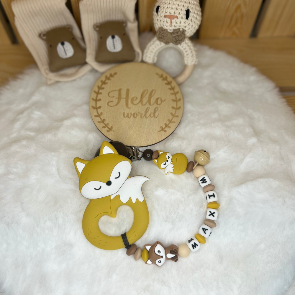 Personalisierte Beißkette mit Namen – Spielkette & Beißanhänger Fuchs  für Babys