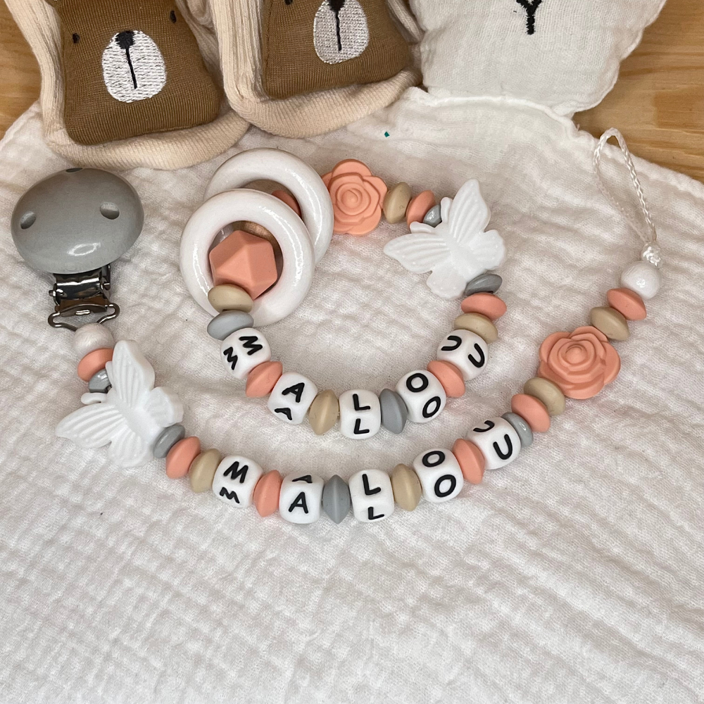 Personalisiertes Baby-Set mit Namen – Greifling, Schnullerkette & Kinderwagenkette