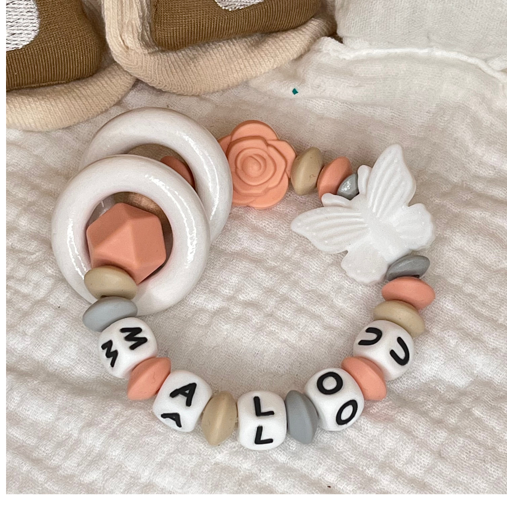 Personalisiertes Baby-Set mit Namen – Greifling, Schnullerkette & Kinderwagenkette