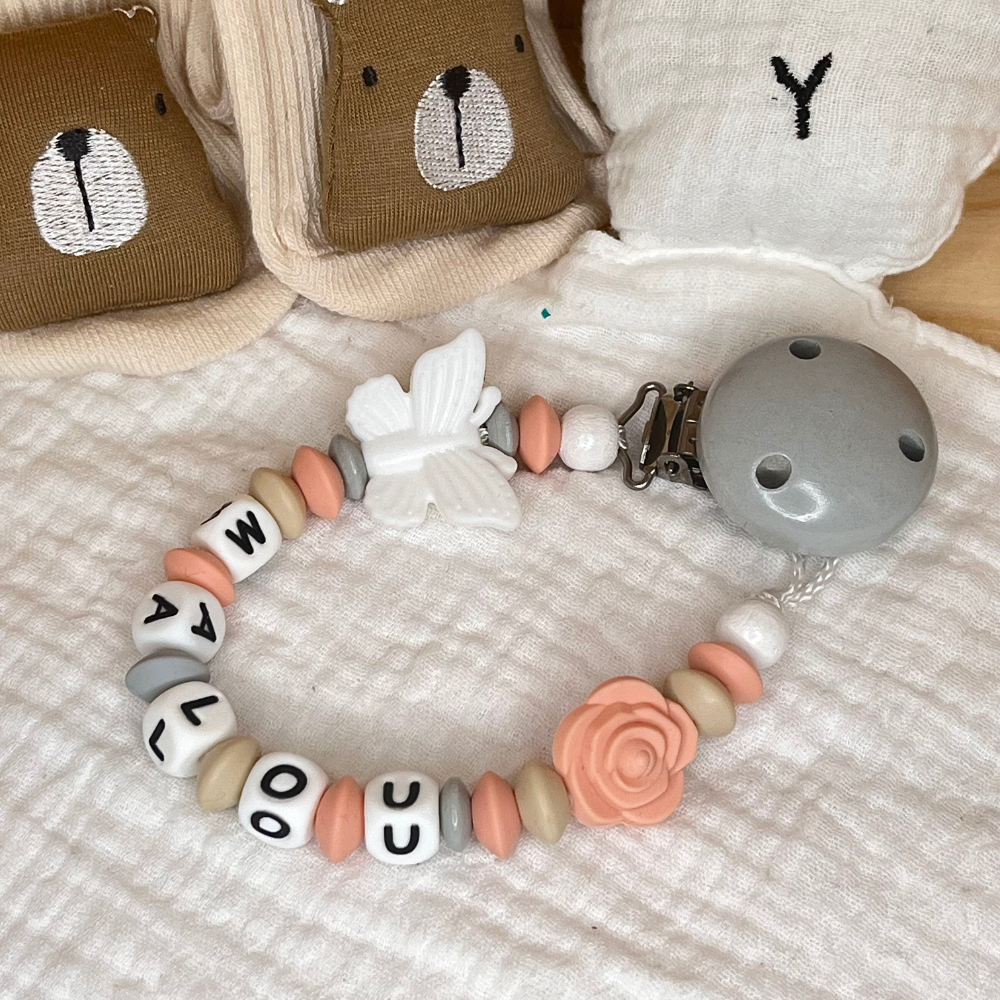 Personalisiertes Baby-Set mit Namen – Greifling, Schnullerkette & Kinderwagenkette