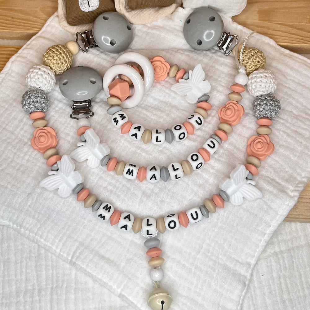Personalisiertes Baby-Set mit Namen – Greifling, Schnullerkette & Kinderwagenkette