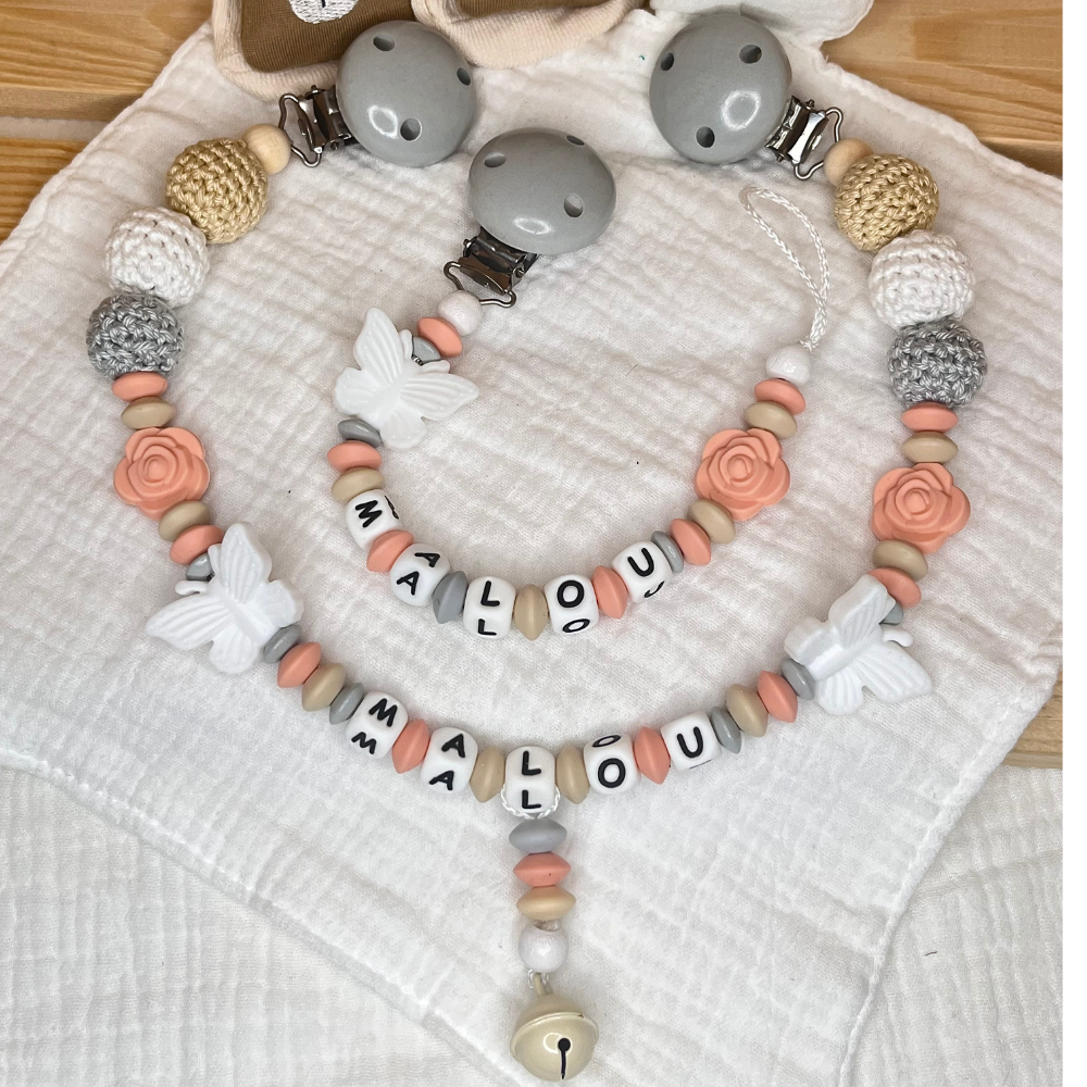 Personalisiertes Baby-Set mit Namen – Greifling, Schnullerkette & Kinderwagenkette