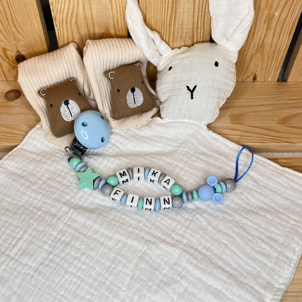 Schnullerkette mit Namen oder Doppelnamen für Jungen  blau grau mint