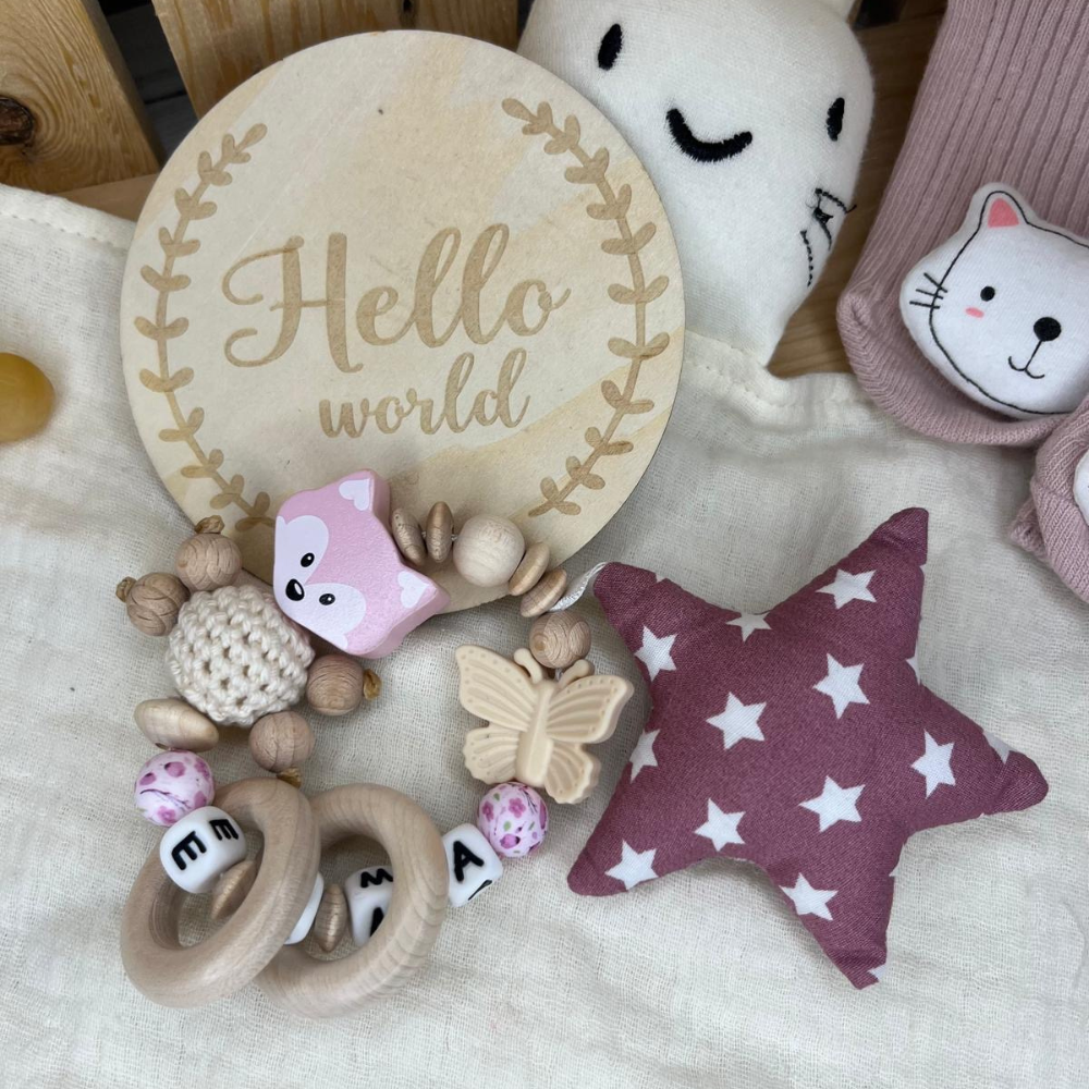 2er Set Schnullerkette & Greifring personalisiert Mädchen Natur und Rosatöne