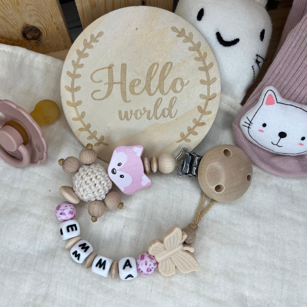 2er Set Schnullerkette & Greifring personalisiert Mädchen Natur und Rosatöne