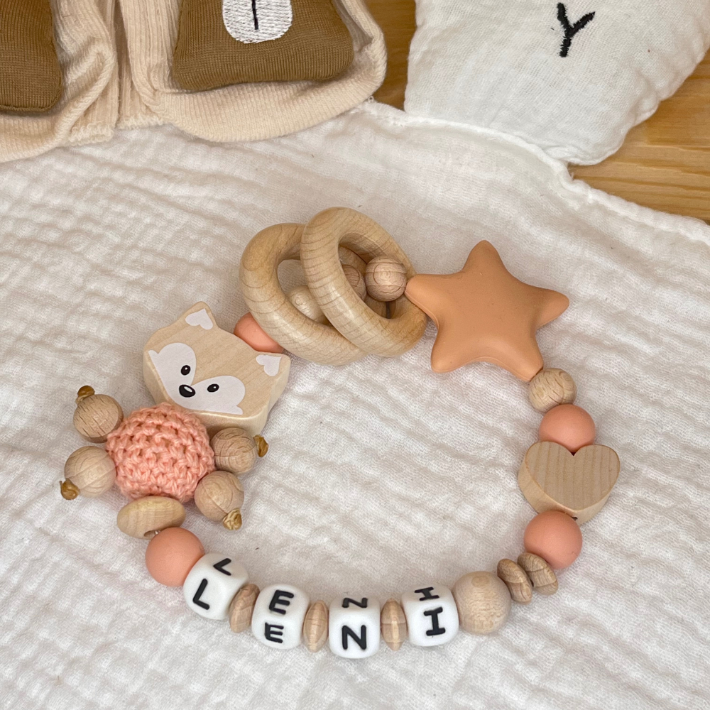 Schnullerkette mit Namen – Fuchs – für Mädchen - Geschenk zur Geburt,Taufe
