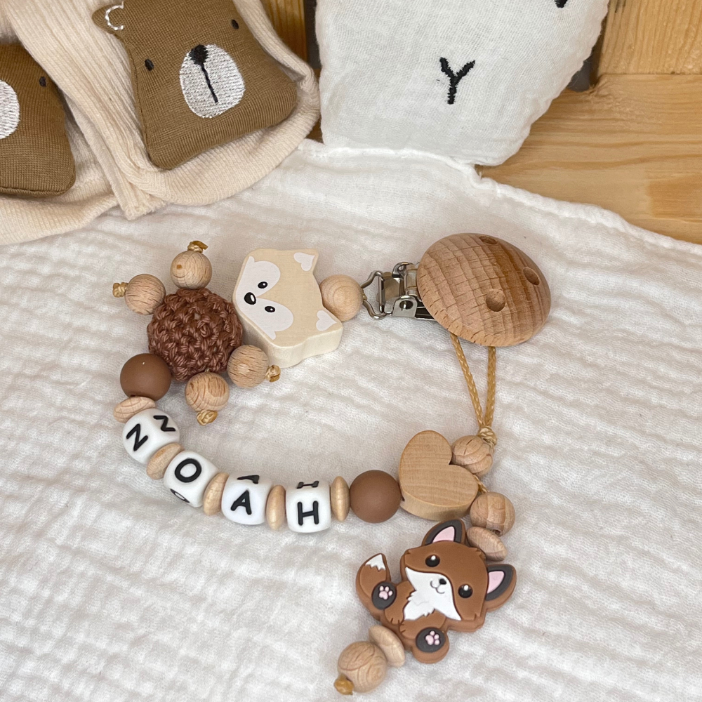 Personalisierte Schnullerkette mit Namen – Fuchs – für Mädchen & Jungen