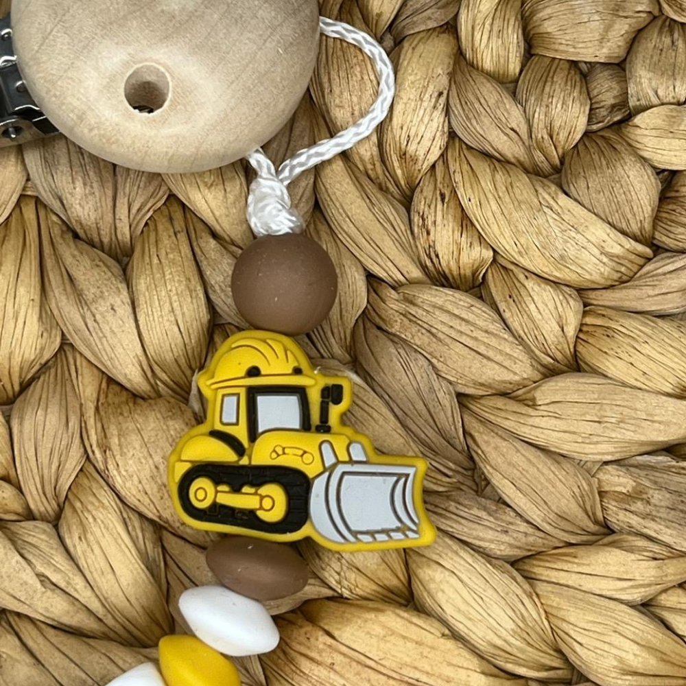 Silikon-Schnullerkette personalisiert – Löwe / Bagger – handgemacht mit Namen